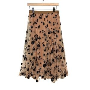 Tan & Black Floral Tulle Midi Skirt Womens Large Mesh Layered A-Line